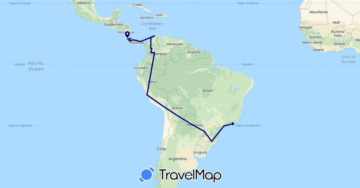 TravelMap itinerary: driving in Argentina, Brazil, Colombia, Costa Rica, Panama, Peru (North America, South America)