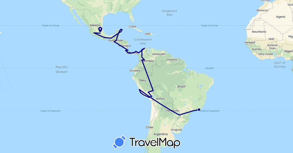 TravelMap itinerary: driving in Argentina, Brazil, Colombia, Costa Rica, Guatemala, Mexico, Panama, Peru (North America, South America)